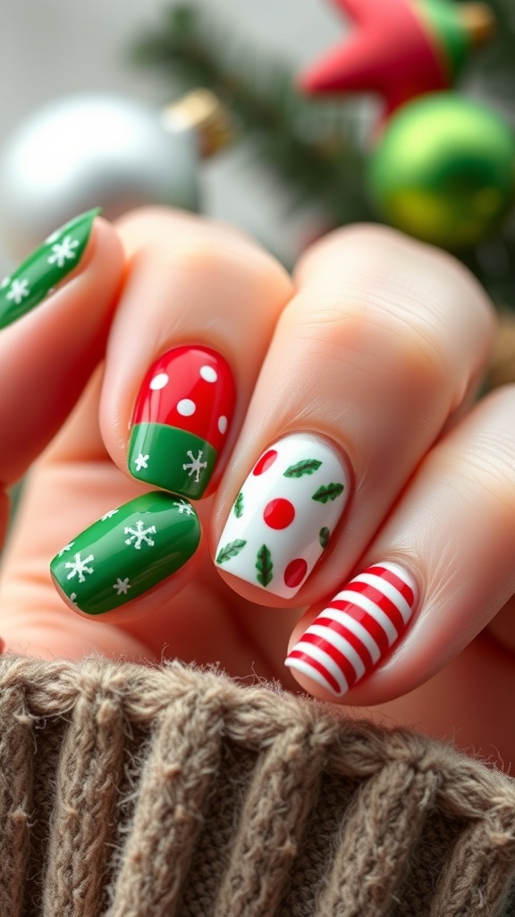 Short red and green Christmas nails with festive designs.